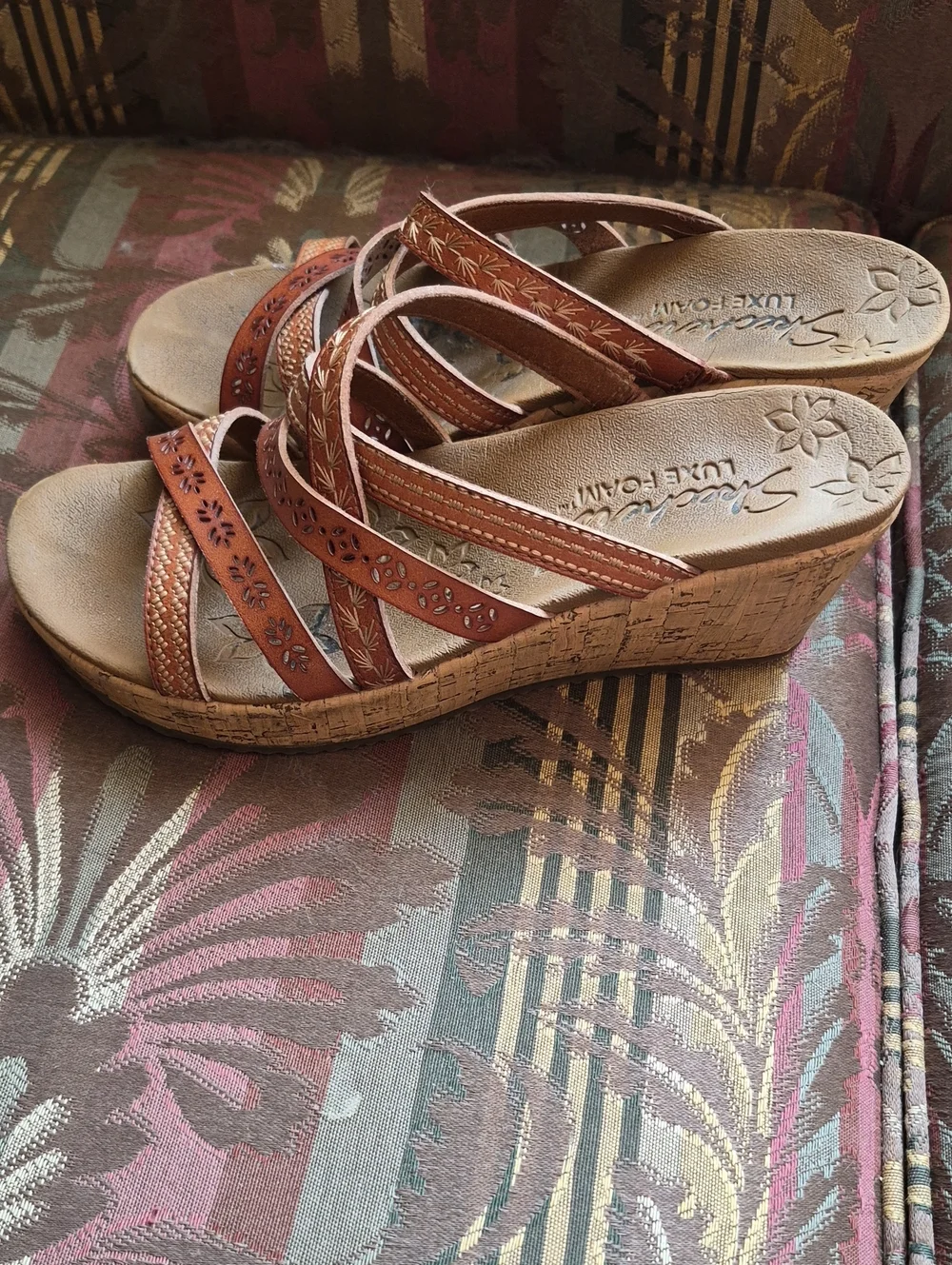 Skechers Luxe Foam Tan Brown Cork Wedge Sandals - Strappy Floral Cutouts